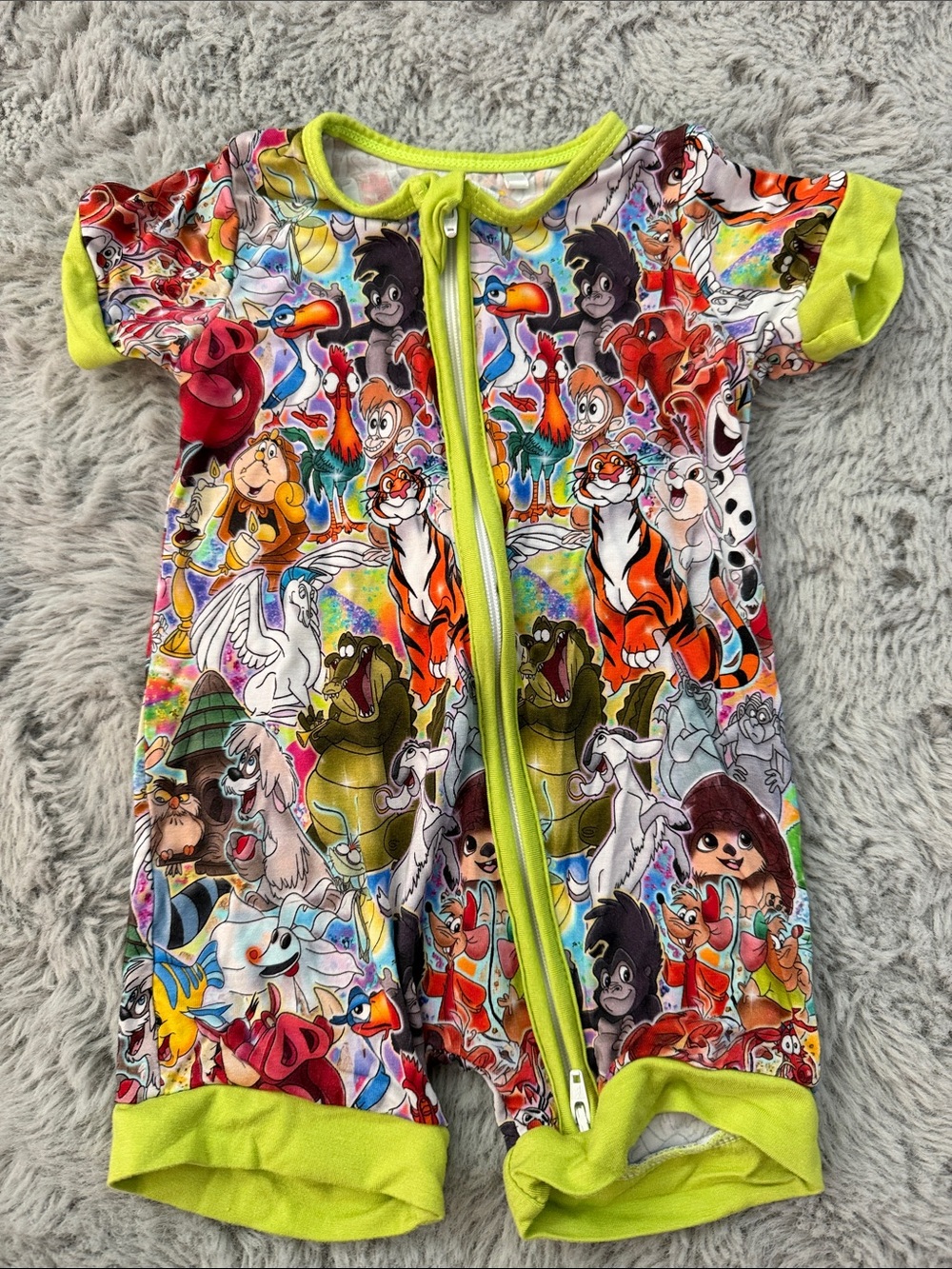 Bamboo - Neon Lime Trim Kids One-Piece Romper with Colorful Disney Print